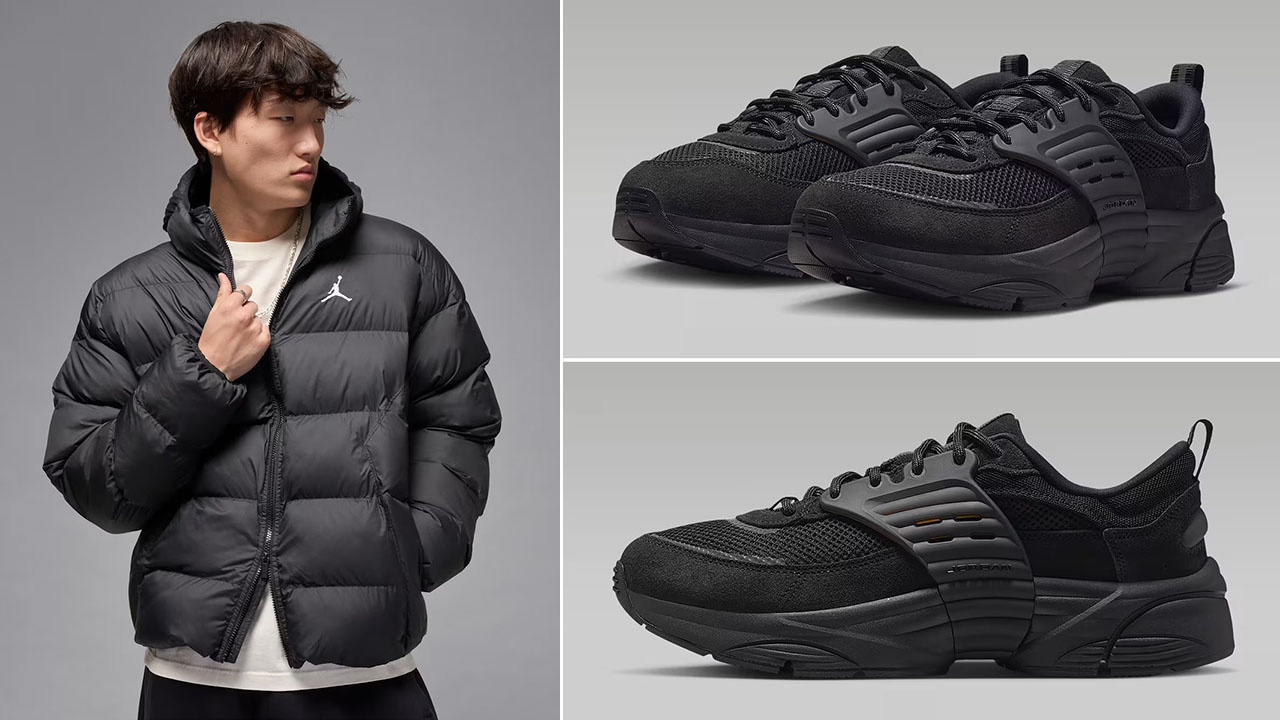 Jordan Brooklyn Mens Puffer Jacket Black White x Jordan Trunner OS Sneakers to Match