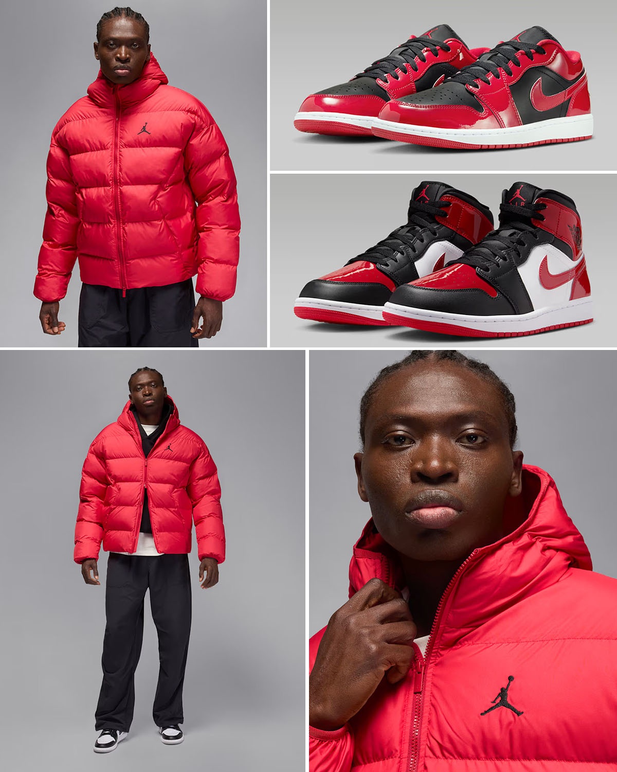 Jordan Brooklyn Mens Puffer Jacket Gym Red Black x Air Jordan Shoes to Match
