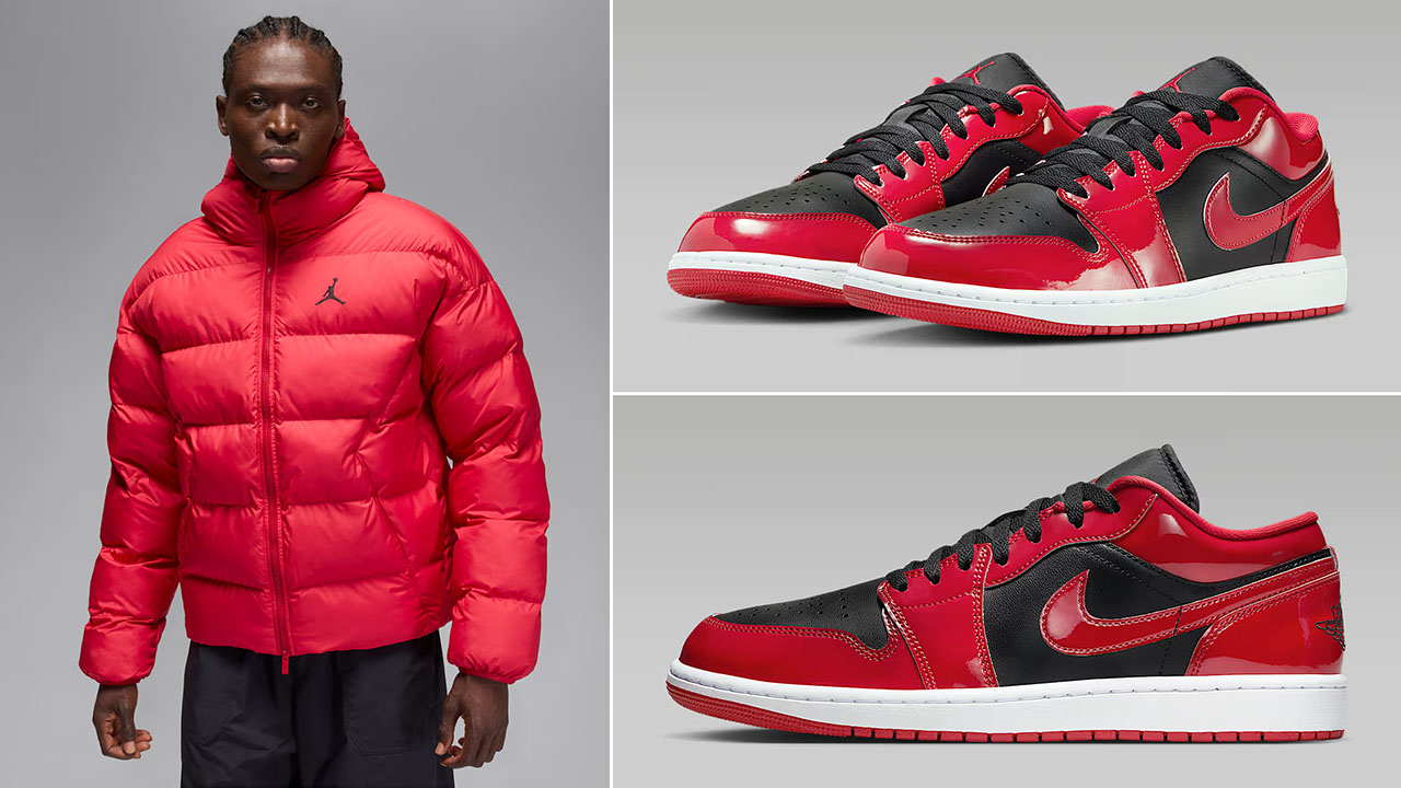 Jordan Brooklyn Mens Puffer Jacket Gym Red x Air Jordan 1 Low Patent Sneakers Outfit