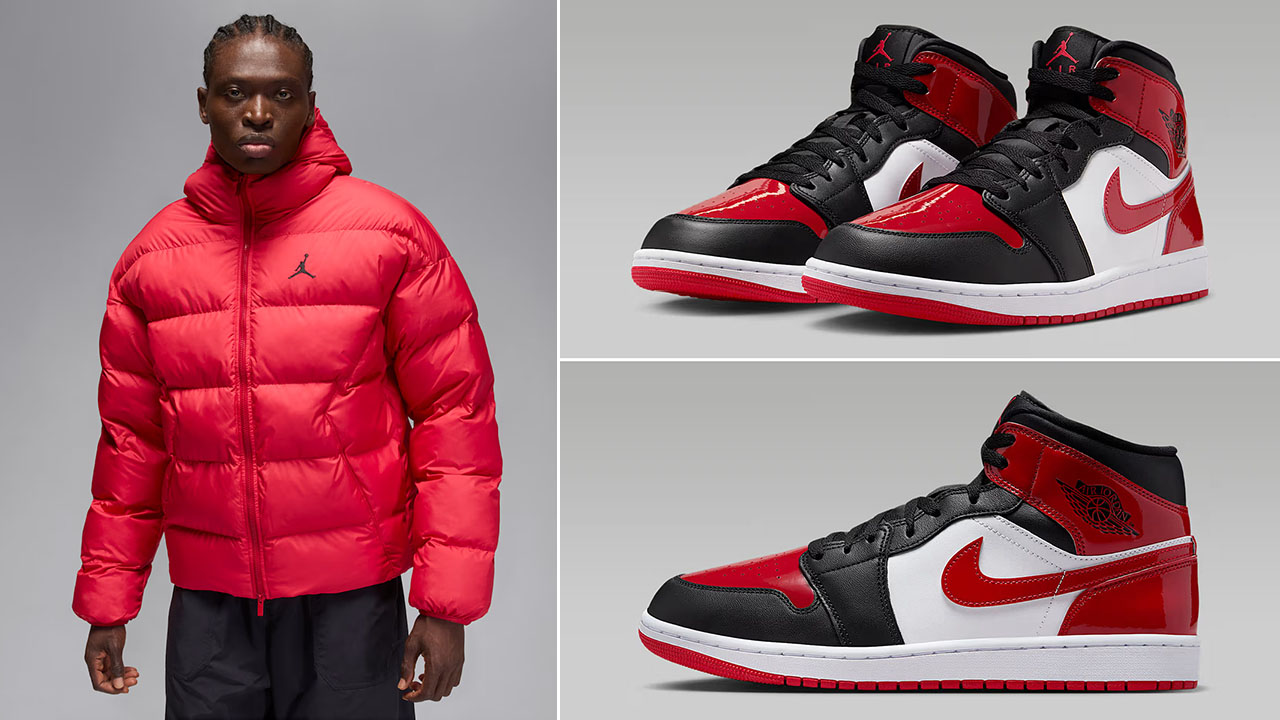 Jordan Brooklyn Mens Puffer Jacket Gym Red x Air Jordan 1 Mid Patent Sneakers Outfit