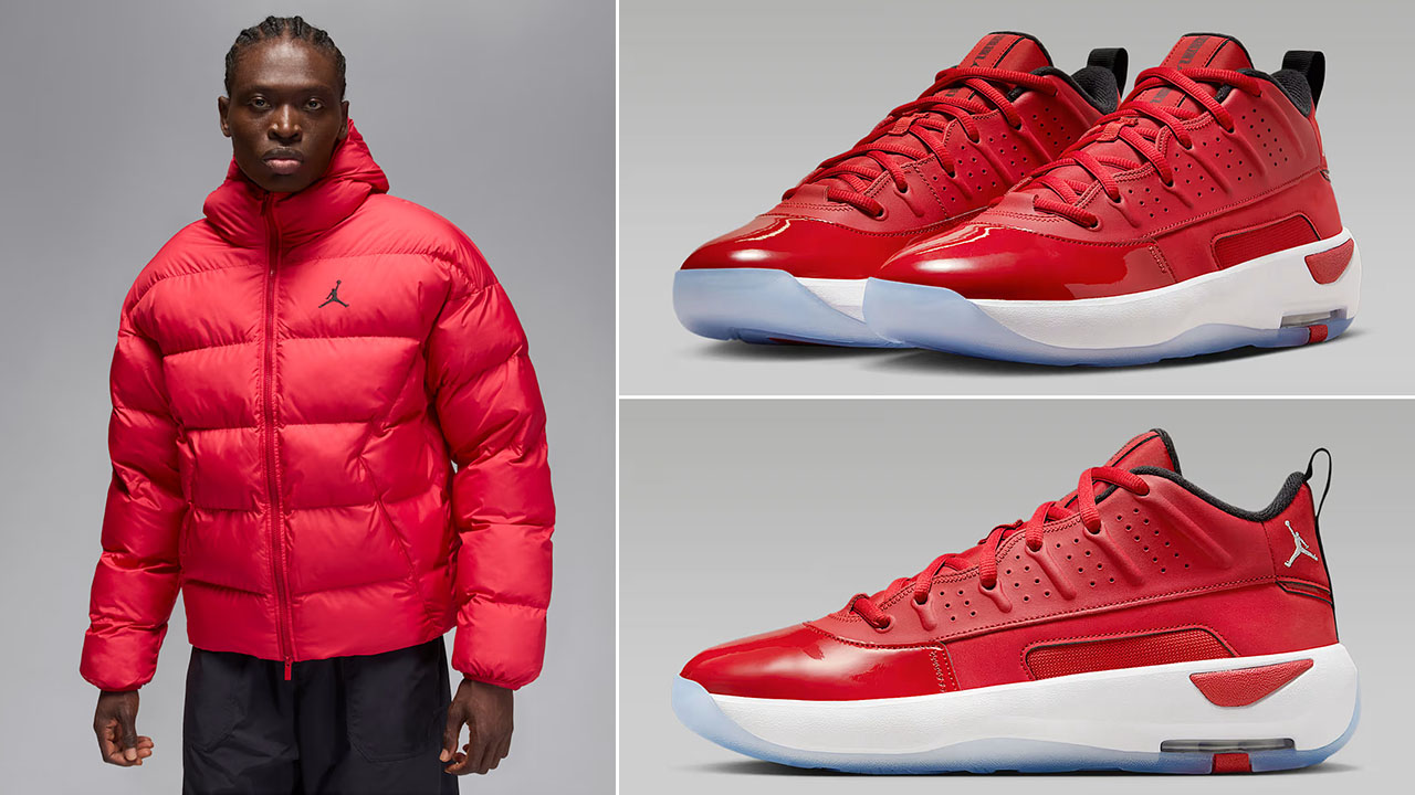 Jordan Brooklyn Mens Puffer Jacket Gym Red x Air Jordan Max Aura 7 Sneakers Outfit