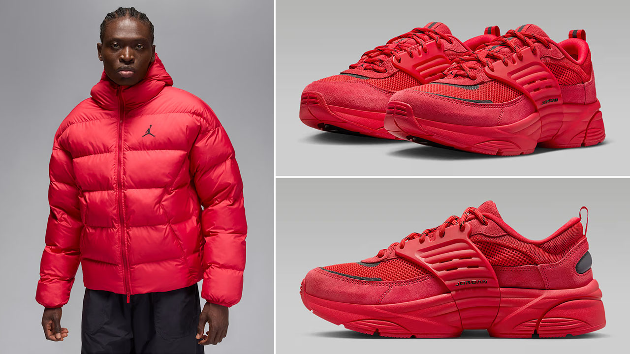 Jordan Brooklyn Mens Puffer Jacket Gym Red x Jordan Trunner OS Sneakers Outfit