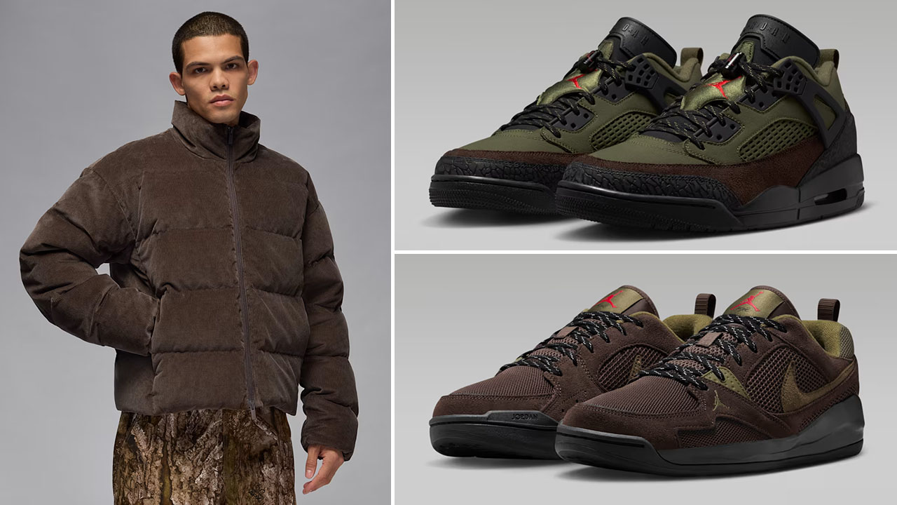 Jordan Flight Mens Down Puffer Jacket Baroque Brown and Air Jordan Sneakers to Match