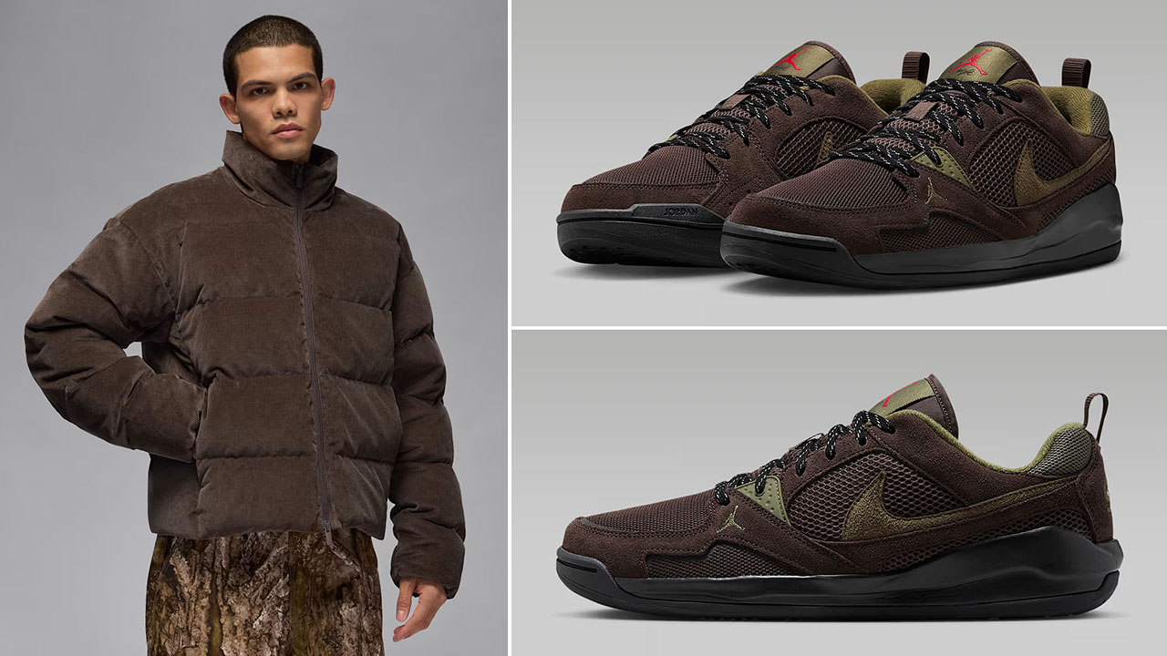 Jordan Flight Mens Down Puffer Jacket Baroque Brown x Jordan CMFT Era Sneakers