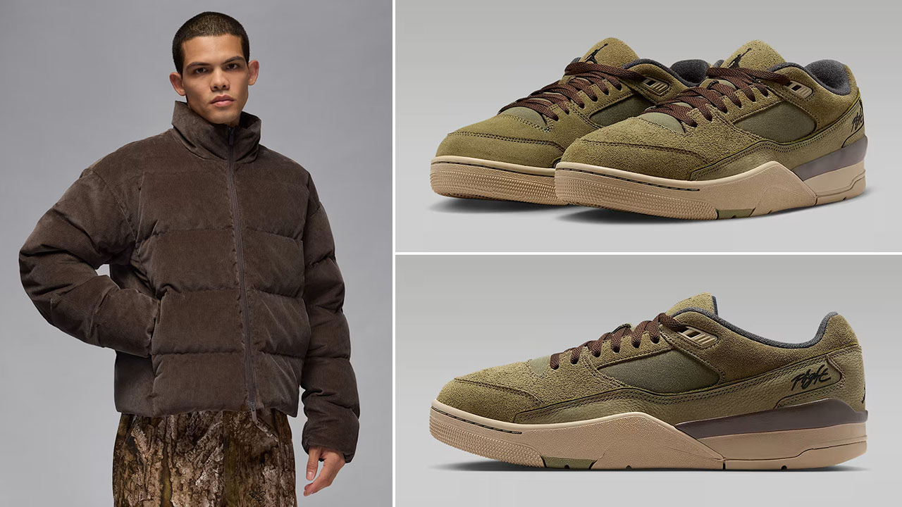 Jordan Flight Mens Down Puffer Jacket Baroque Brown x Jordan Flight Court Sneakers