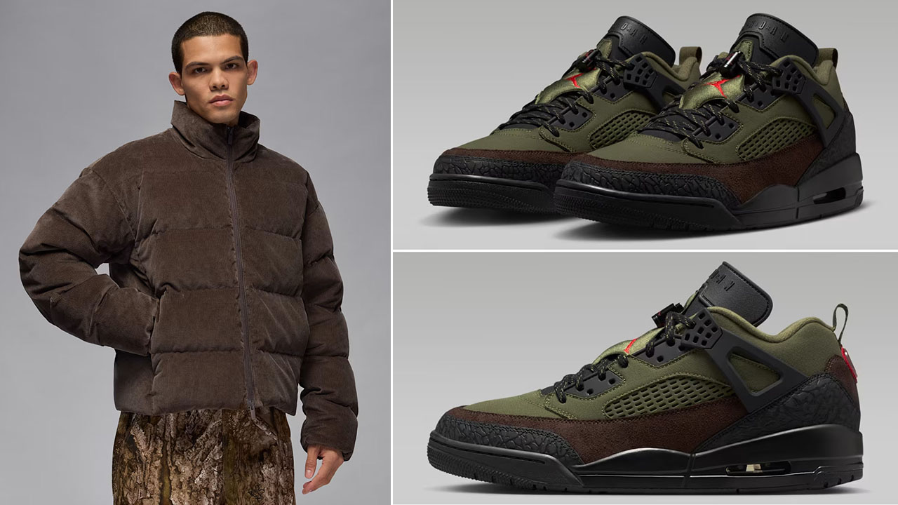 Jordan Flight Mens Down Puffer Jacket Baroque Brown x Jordan Spizike Low Sneakers