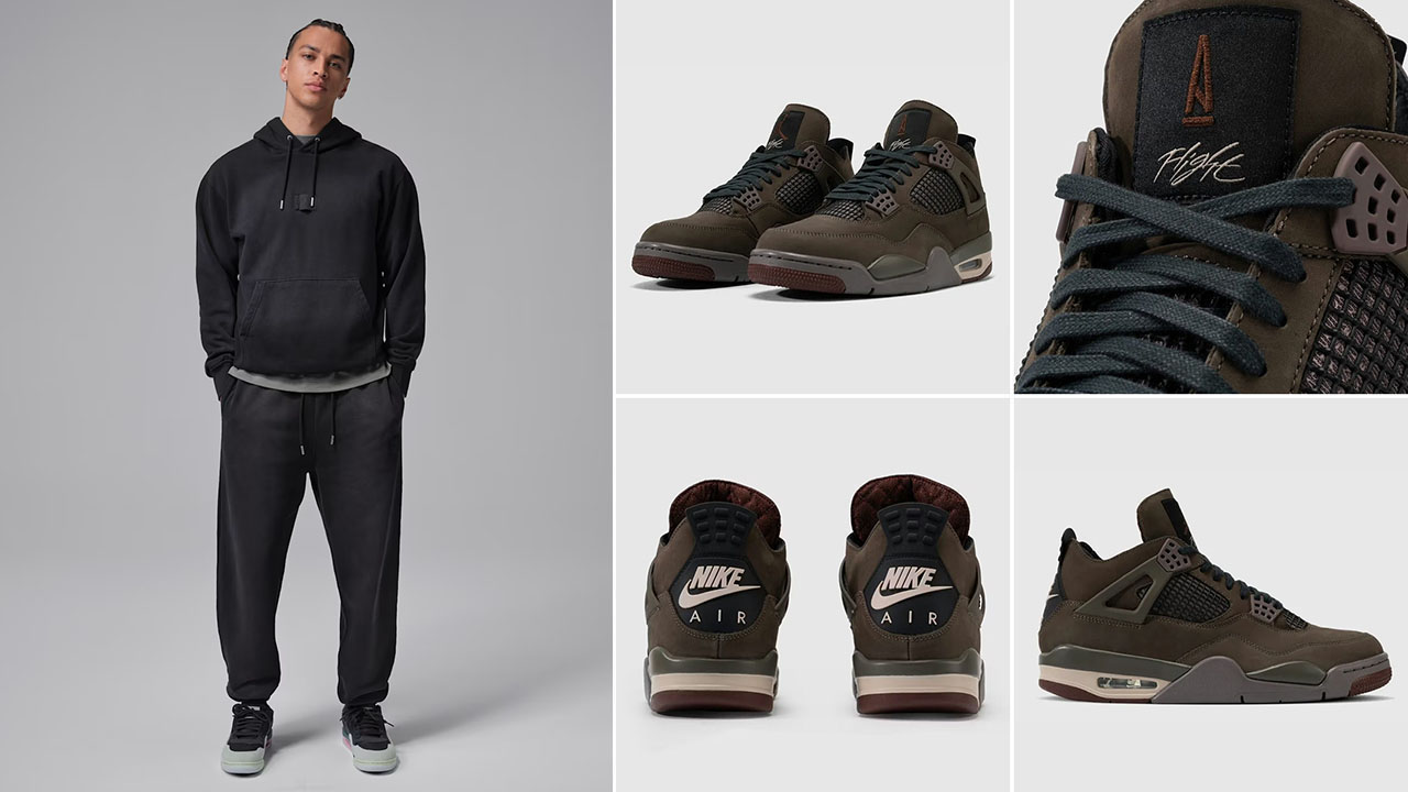 A Ma Maniere Air Jordan 4 Dark Mocha x Jordan Flight Fleece Black Pullover Hoodie and Pants