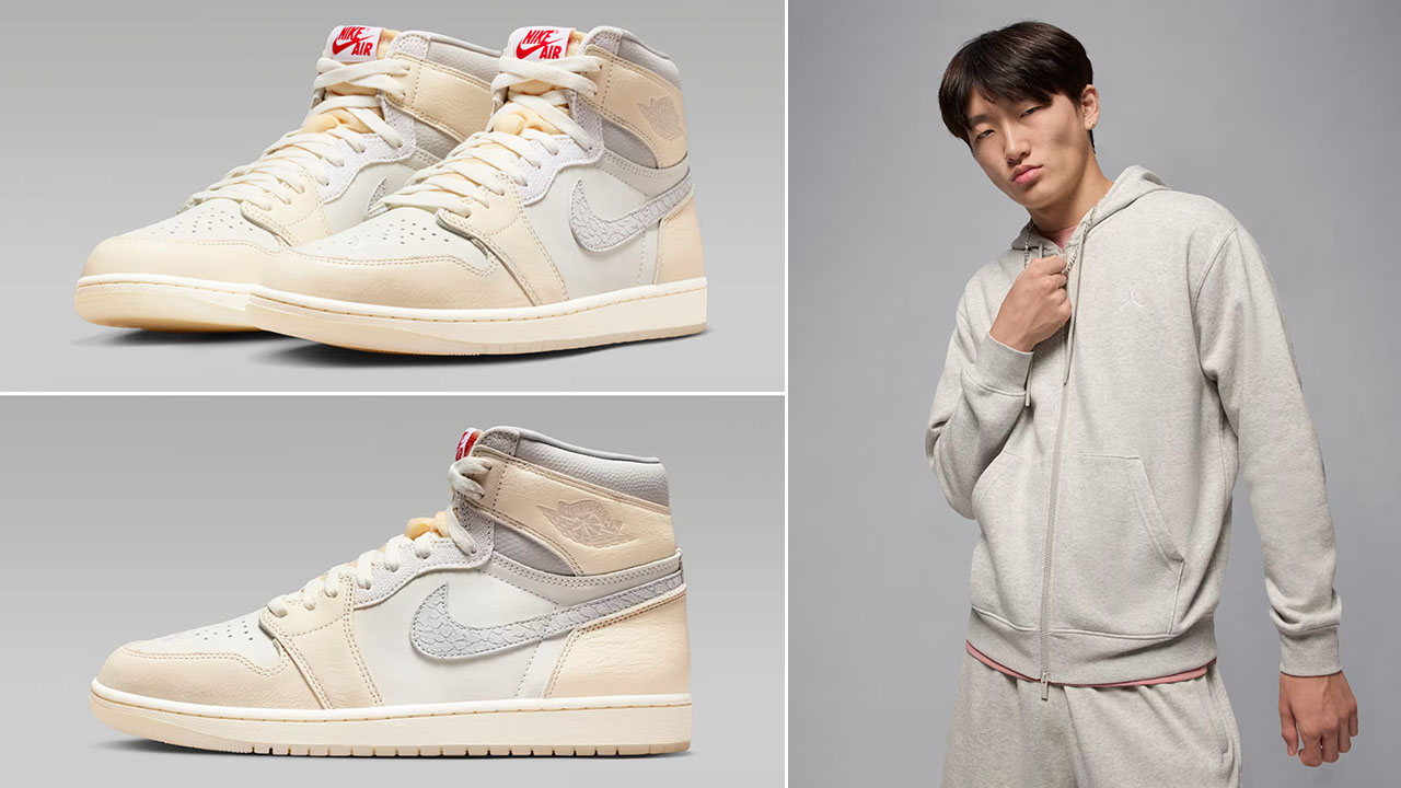 Air Jordan 1 High OG Sail x Jordan Brooklyn Fleece Mens Grey Full Zip Hoodie Outfit