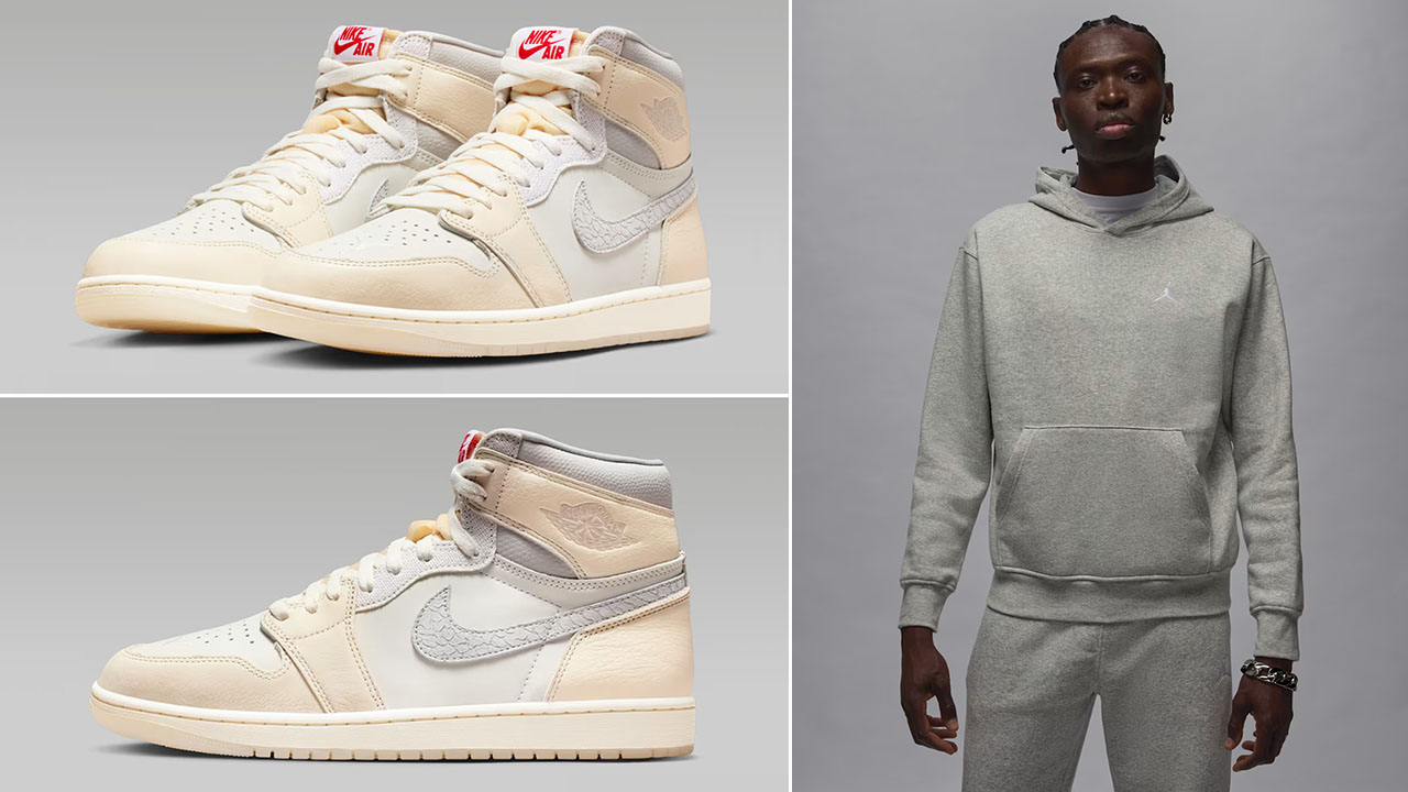 Air Jordan 1 High OG Sail x Jordan Brooklyn Fleece Mens Grey Pullover Hoodie Outfit