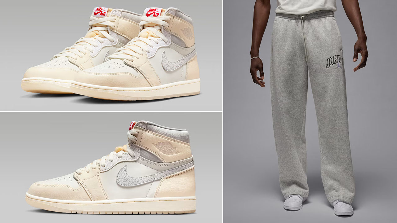 Air Jordan 1 High OG Sail x Jordan Brooklyn Fleece Mens Oversized Graphic Grey Pants Outfit
