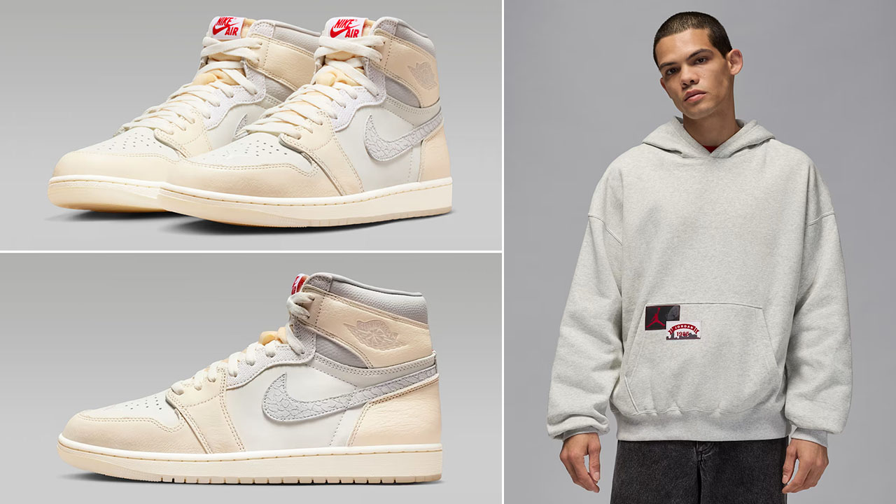 Air Jordan 1 High OG Sail x Jordan Brooklyn Mens Oversized Pullover Hoodie Grey Heather Outfit
