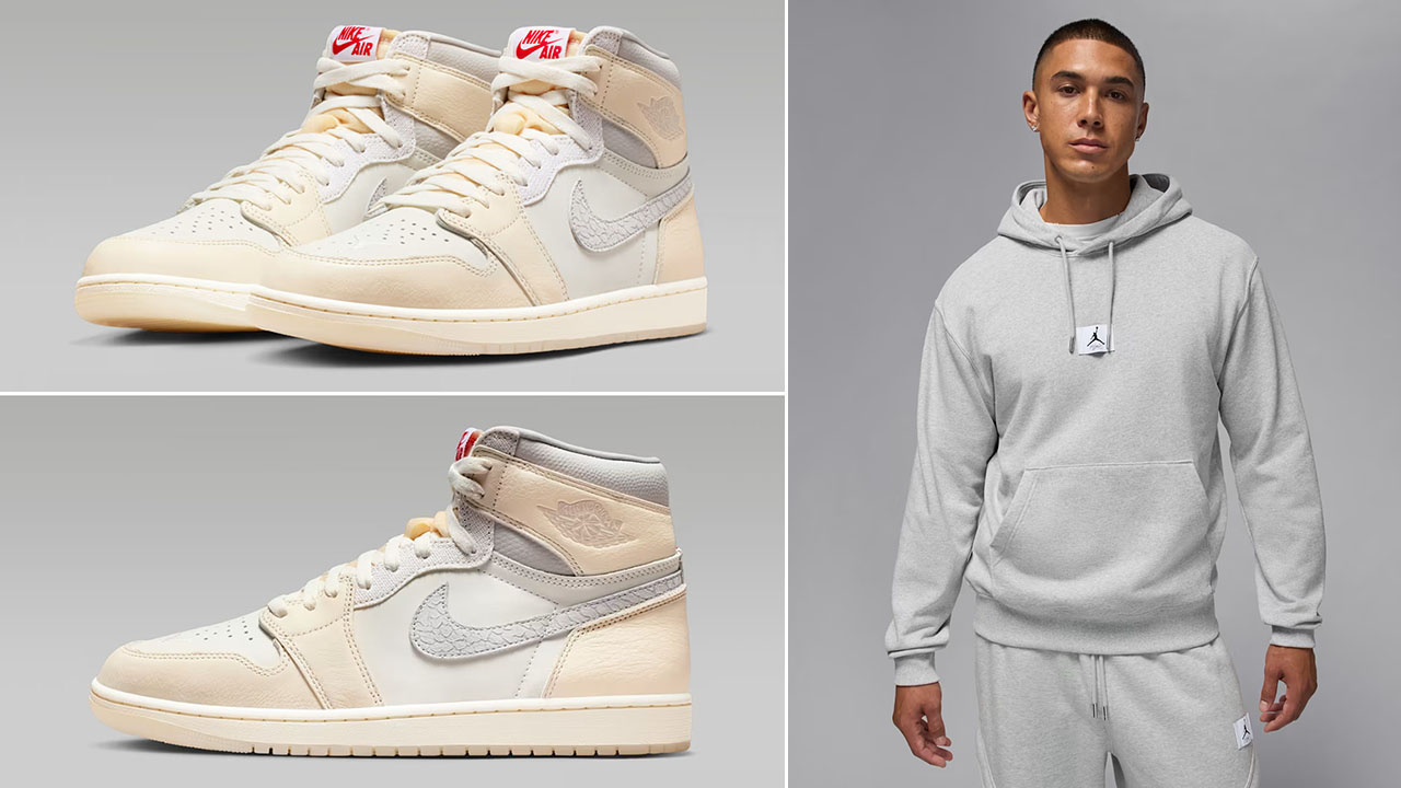 Air Jordan 1 High OG Sail x Jordan Flight Fleece Mens Grey Pullover Hoodie Outfit