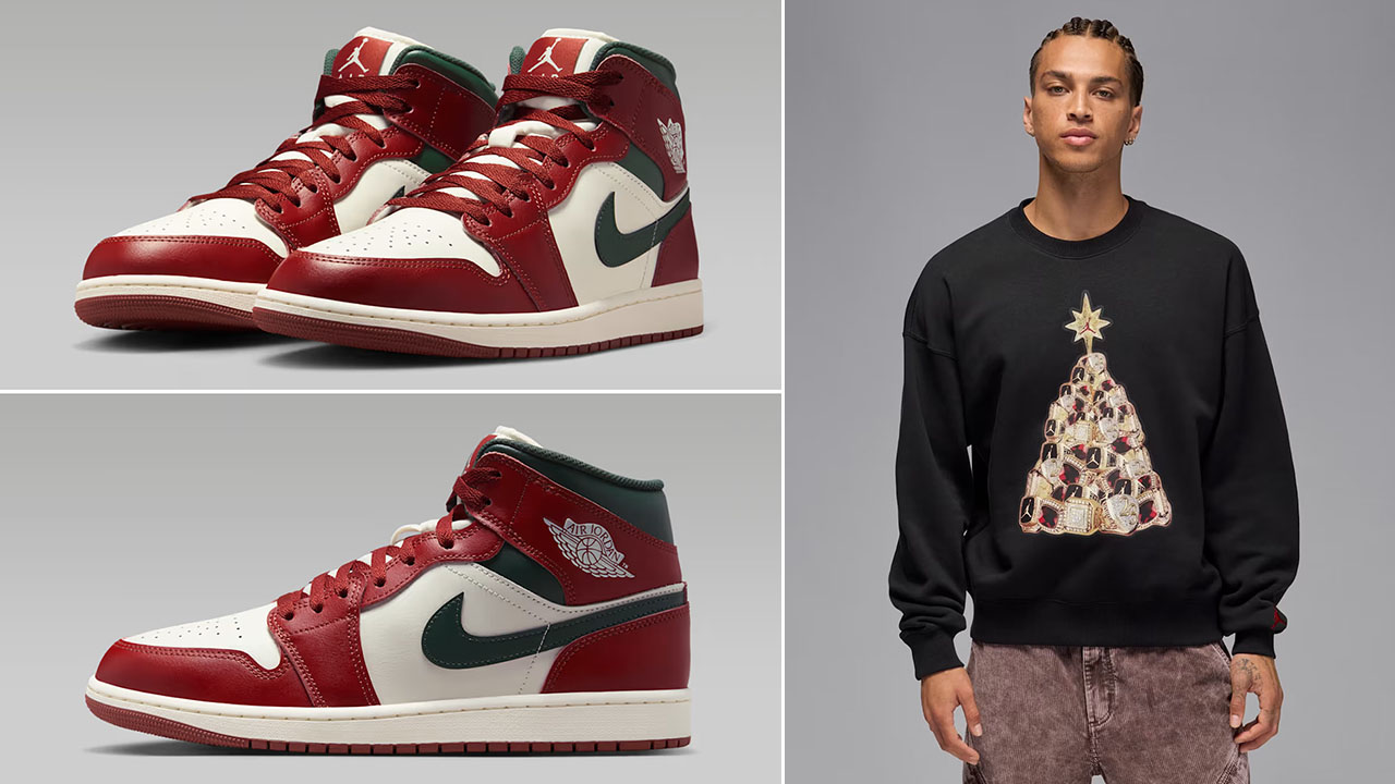 Air Jordan 1 Mid Redstone Midnight Green Mens Shoes x Jordan Brooklyn Fleece Holiday Tree Black Sweatshirt