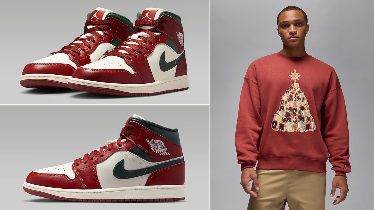 Air Jordan 1 Mid Redstone Midnight Green Mens Shoes x Jordan Brooklyn Fleece Holiday Tree Redstone Sweatshirt