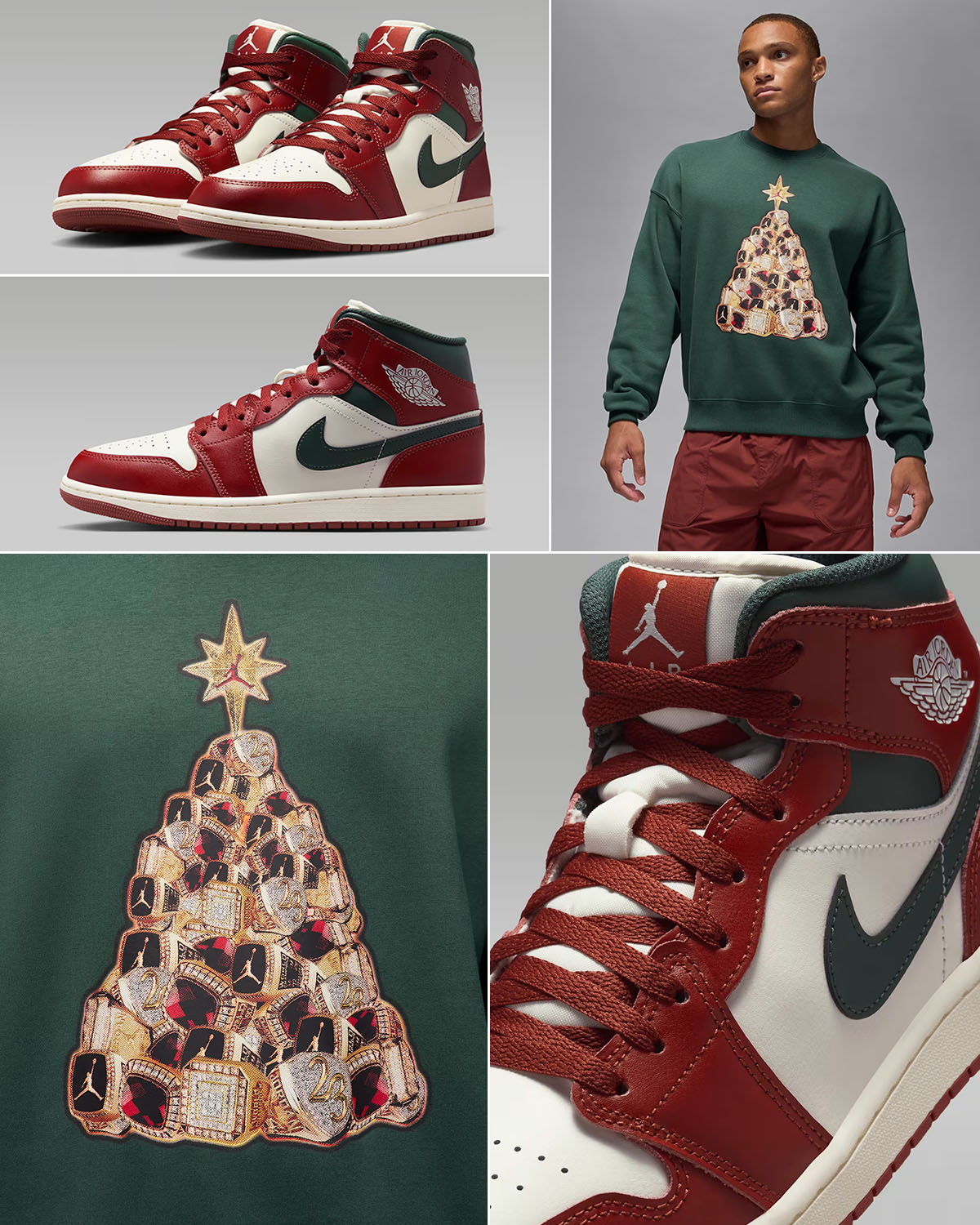 Air Jordan 1 Mid Redstone Midnight Green Mens Shoes x Jordan Brooklyn Fleece Holiday Tree Sweatshirt Outfit