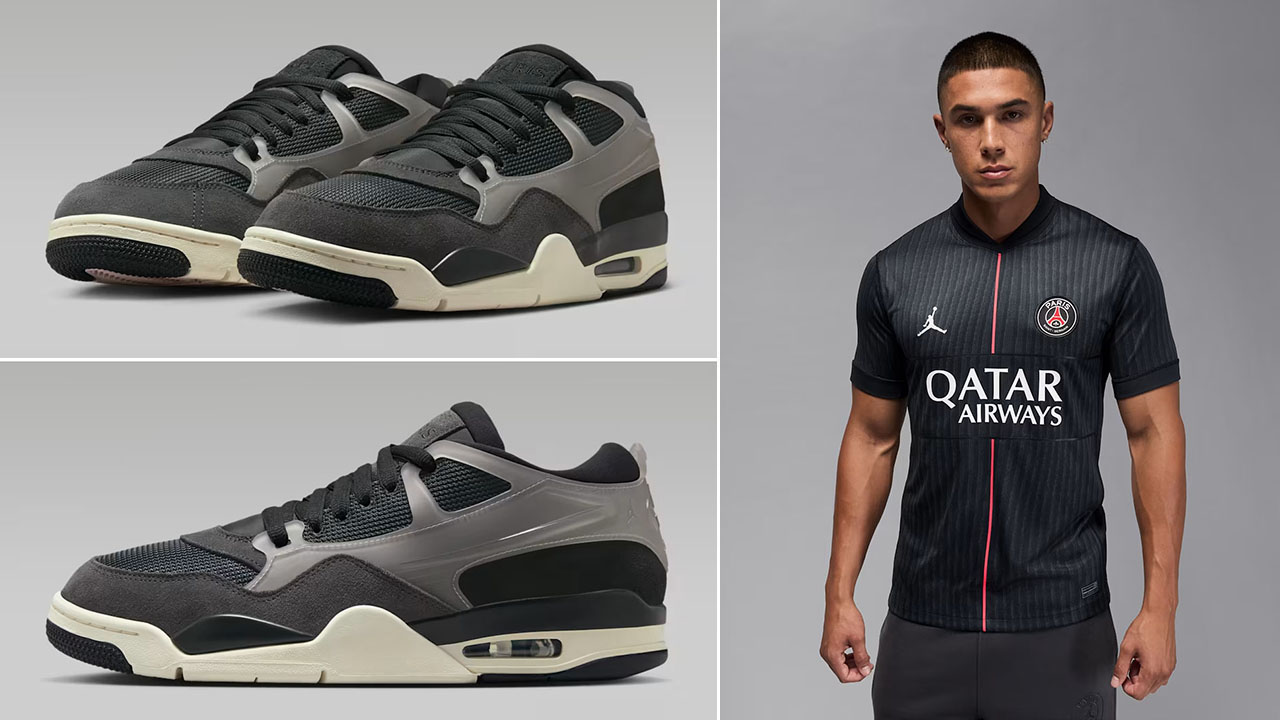 Air Jordan 4 RM Paris Saint Germain Off Noir Shoes x Jordan PSG Mens Replica Soccer Jersey