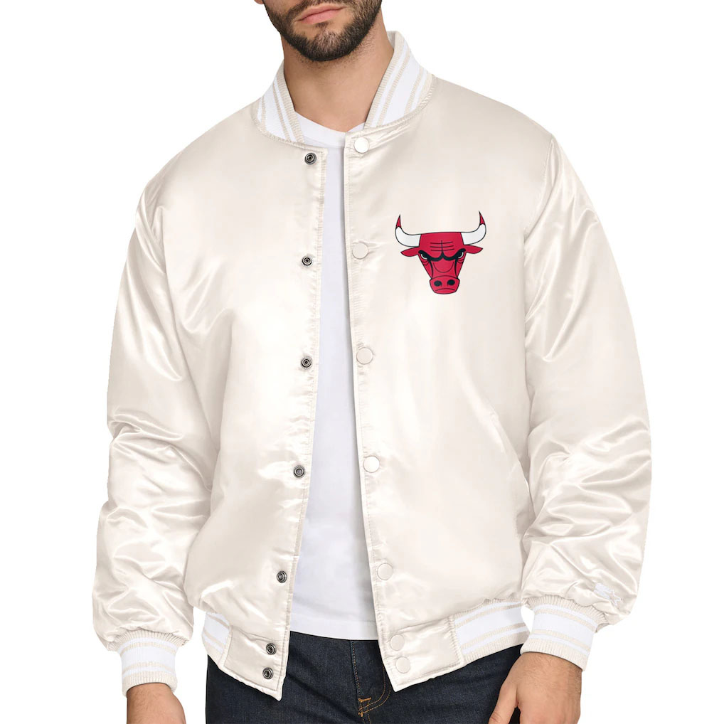 Chicago Bulls Starter Double Team Satin Varsity Full Snap Jacket Cream 1
