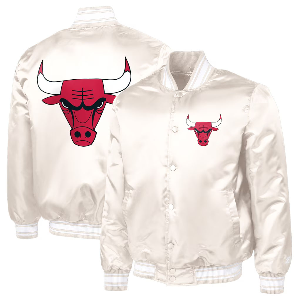 Chicago Bulls Starter Double Team Satin Varsity Full Snap Jacket Cream