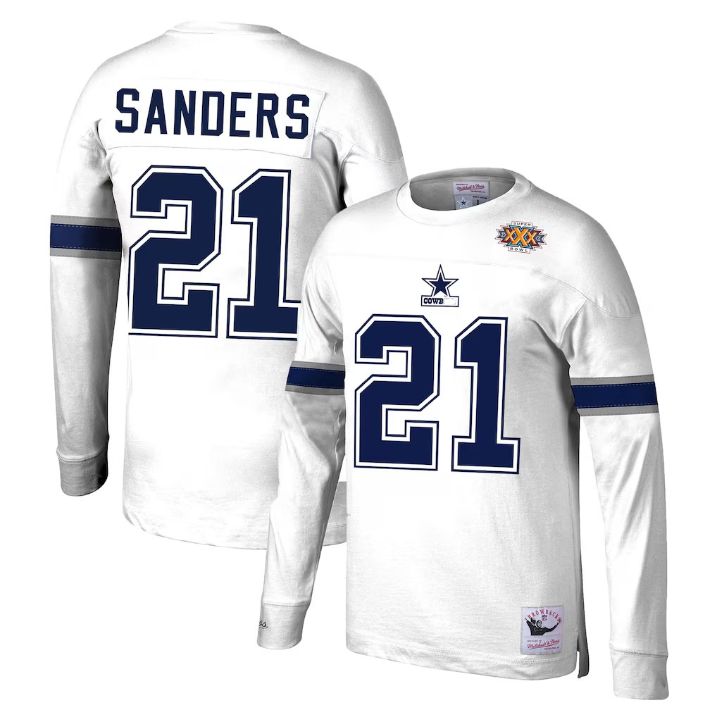 Deion Sanders Dallas Cowboys Mitchell and Ness Retired Player Name and Number Long Sleeve Top White Navy