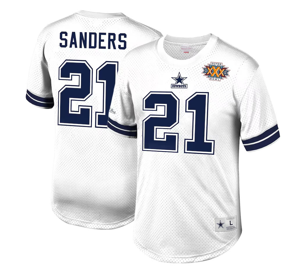 Deion Sanders Dallas Cowboys Mitchell and Ness Retired Player Name and Number Mesh Top White Navy