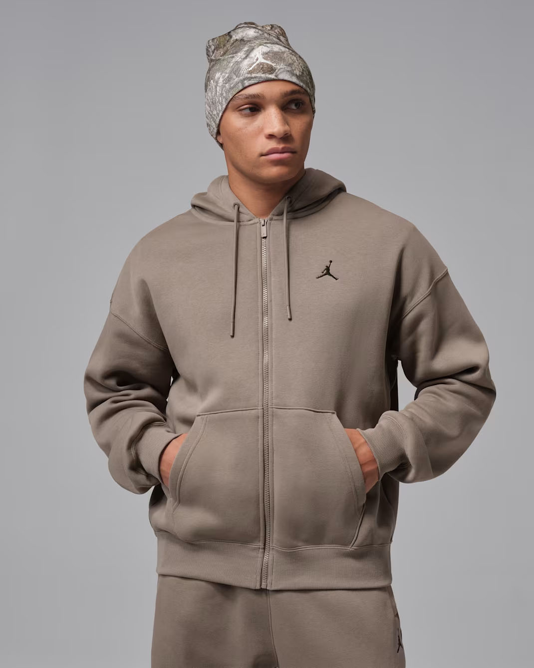 Jordan Brooklyn Fleece Mens Oversized Full Zip Hoodie Olive Grey