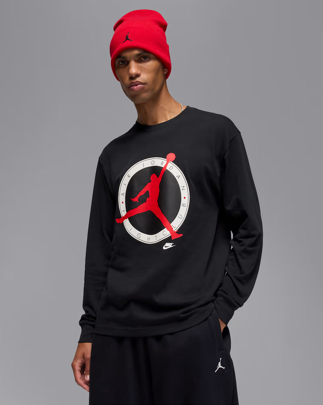 Jordan Flight Club Mens Long Sleeve T Shirt Black Red