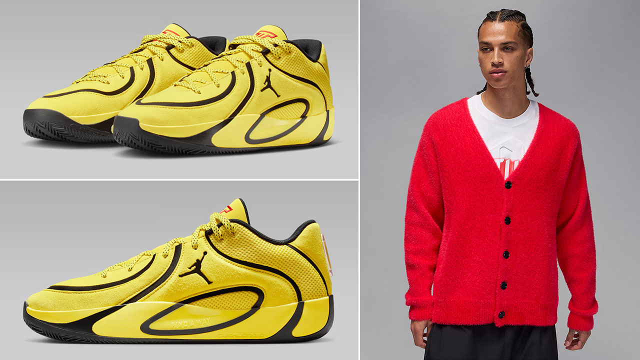 Jordan Tatum 4 Sunset Sonic Yellow Bruce Lee Sneakers x Jordan Tatum Cardigan Sweater