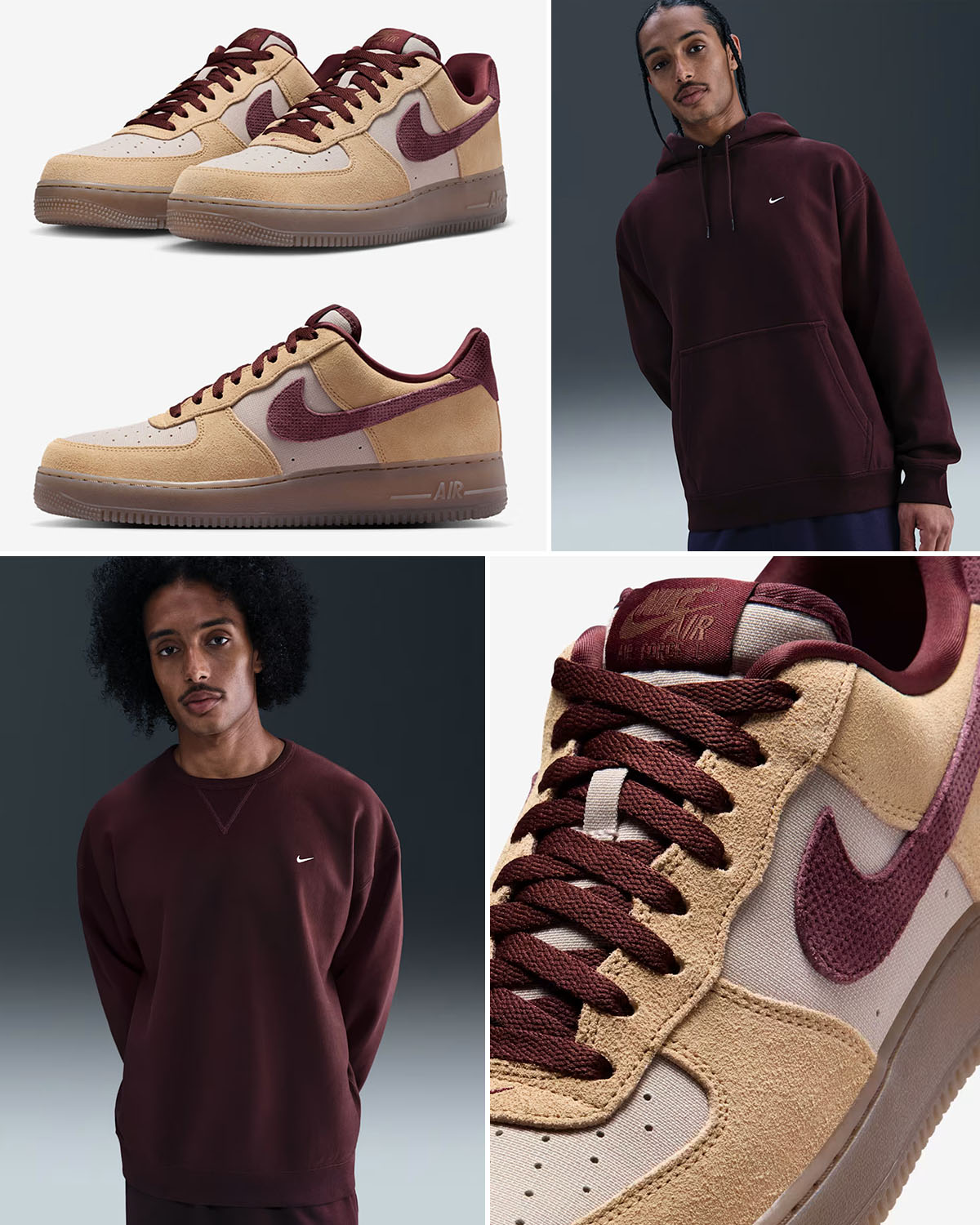 Nike Air Force 1 Low 07 Premium Linen Moon Particle Mink Brown Burgundy Crush Mens Sneakers and Outfits