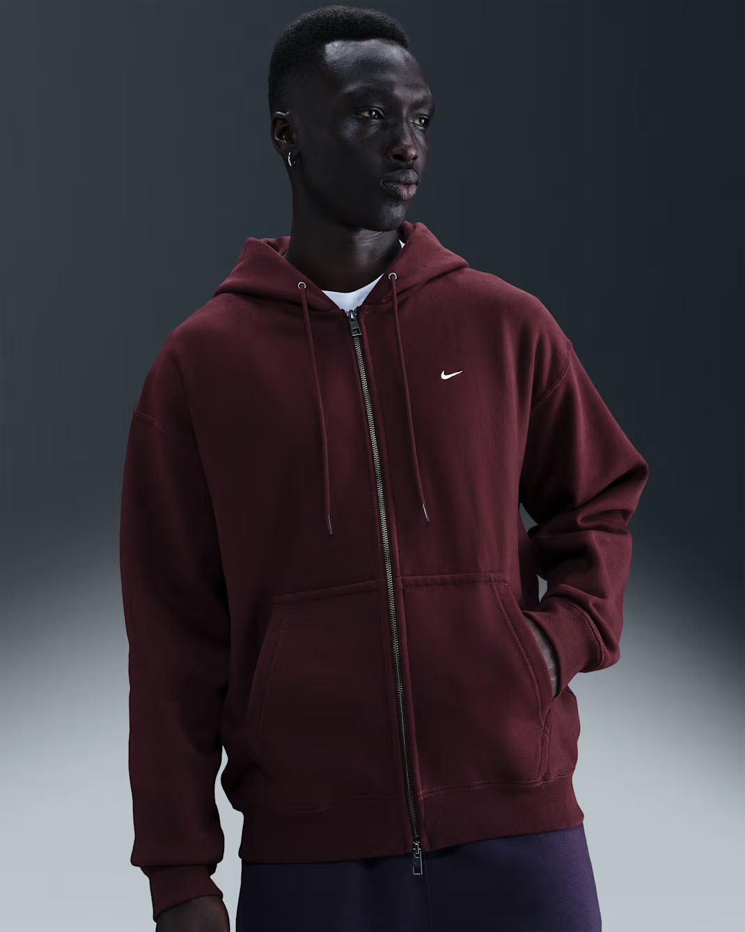 Nike Solo Swoosh Mens Full Zip Fleece Hoodie Burgundy Crush