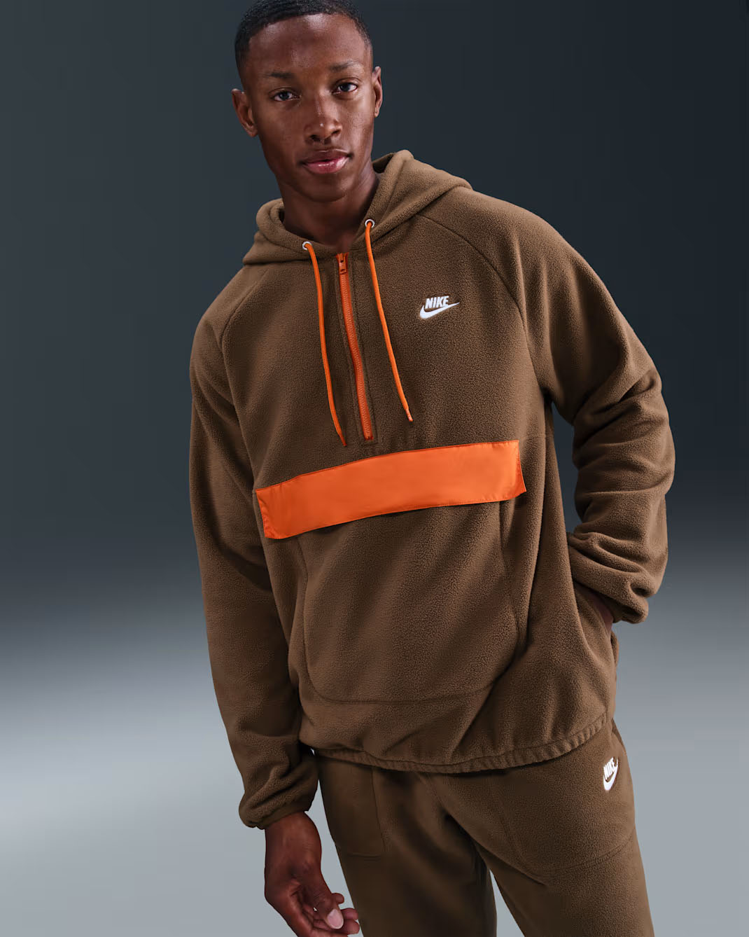 Nike Sportswear Club Mens Winterized Hoodie Mosswood Brown Campfire Orange