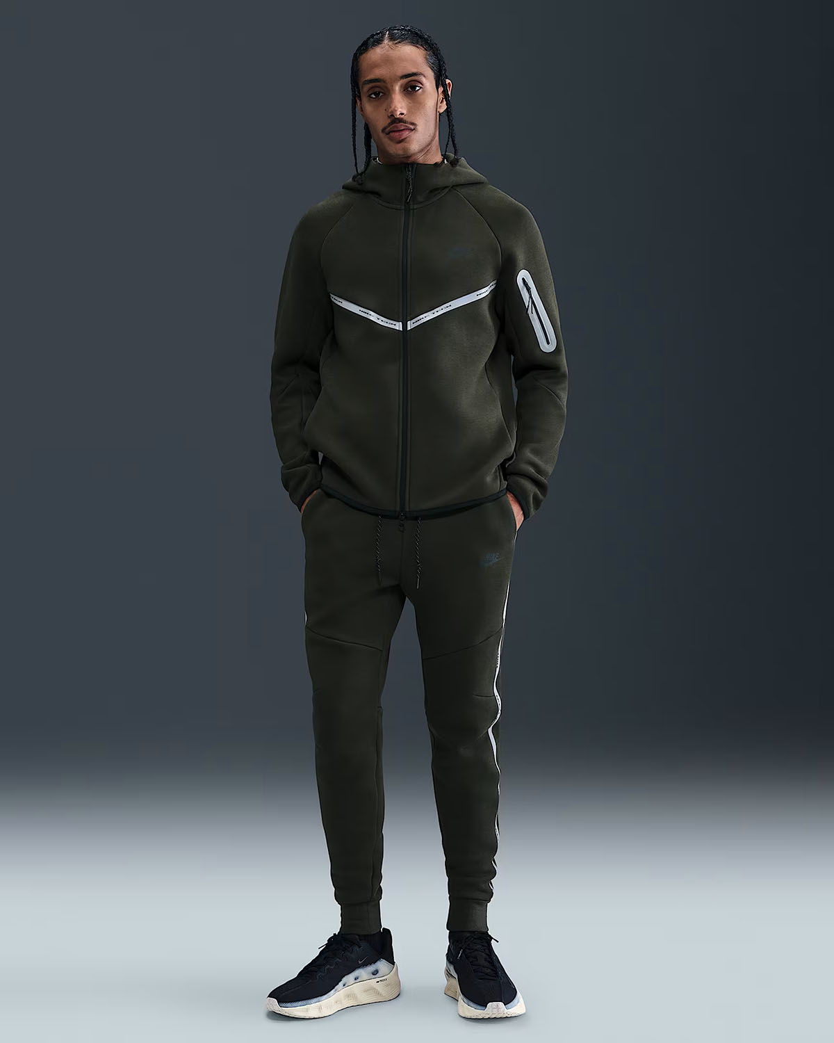 Nike Tech Fleece Mens Reflective Full Zip Windrunner Hoodie Jacket and Jogger Pants Sequoia Black