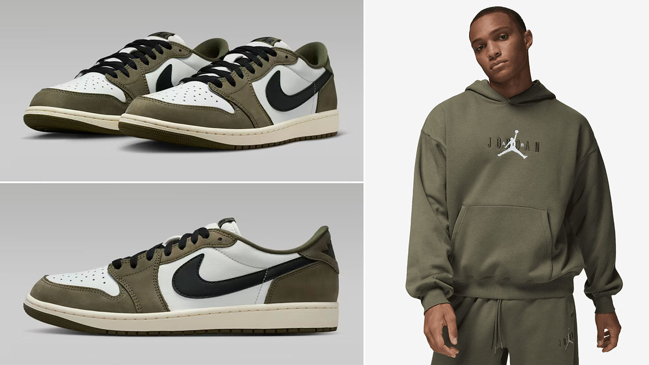 Air Jordan 1 Low OG Medium Olive x Jordan Brooklyn Fleece Oversized Hoodie