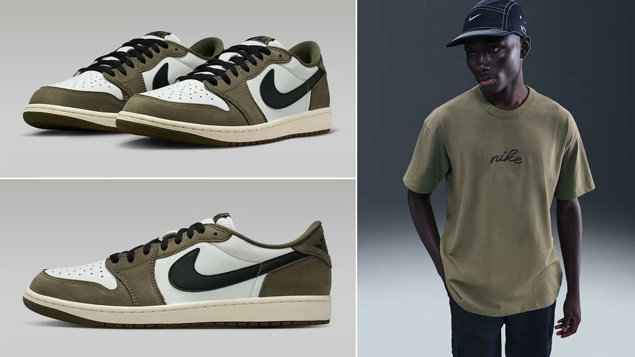 Air Jordan 1 Low OG Medium Olive x Nike Sportswear Mens Premium Essentials T Shirt