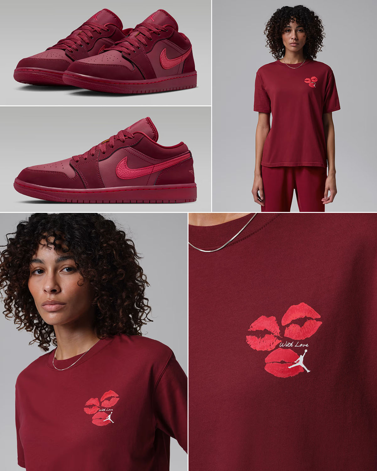 Air Jordan 1 Low Valentines Day Team Red Womens Sneakers and T Shirt Outfit