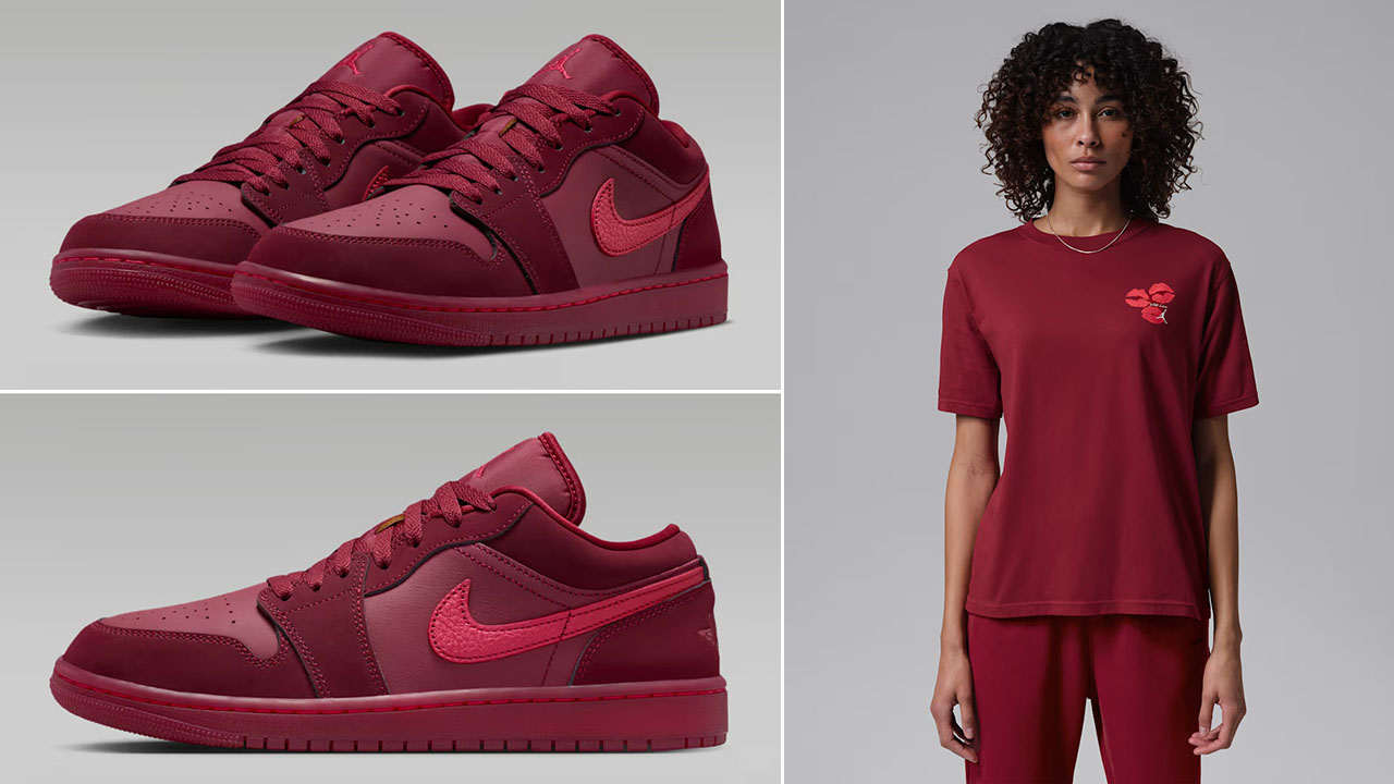 Air Jordan 1 Low Valentines Day Team Red Womens Sneakers and T Shirt