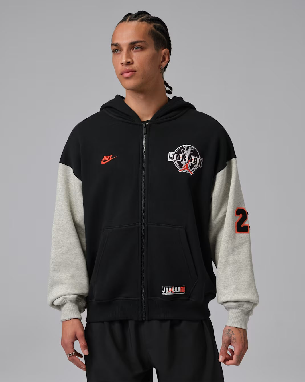 Jordan Brooklyn Mens Oversized Full Zip Hoodie Black Grey Heather Chile Red 1
