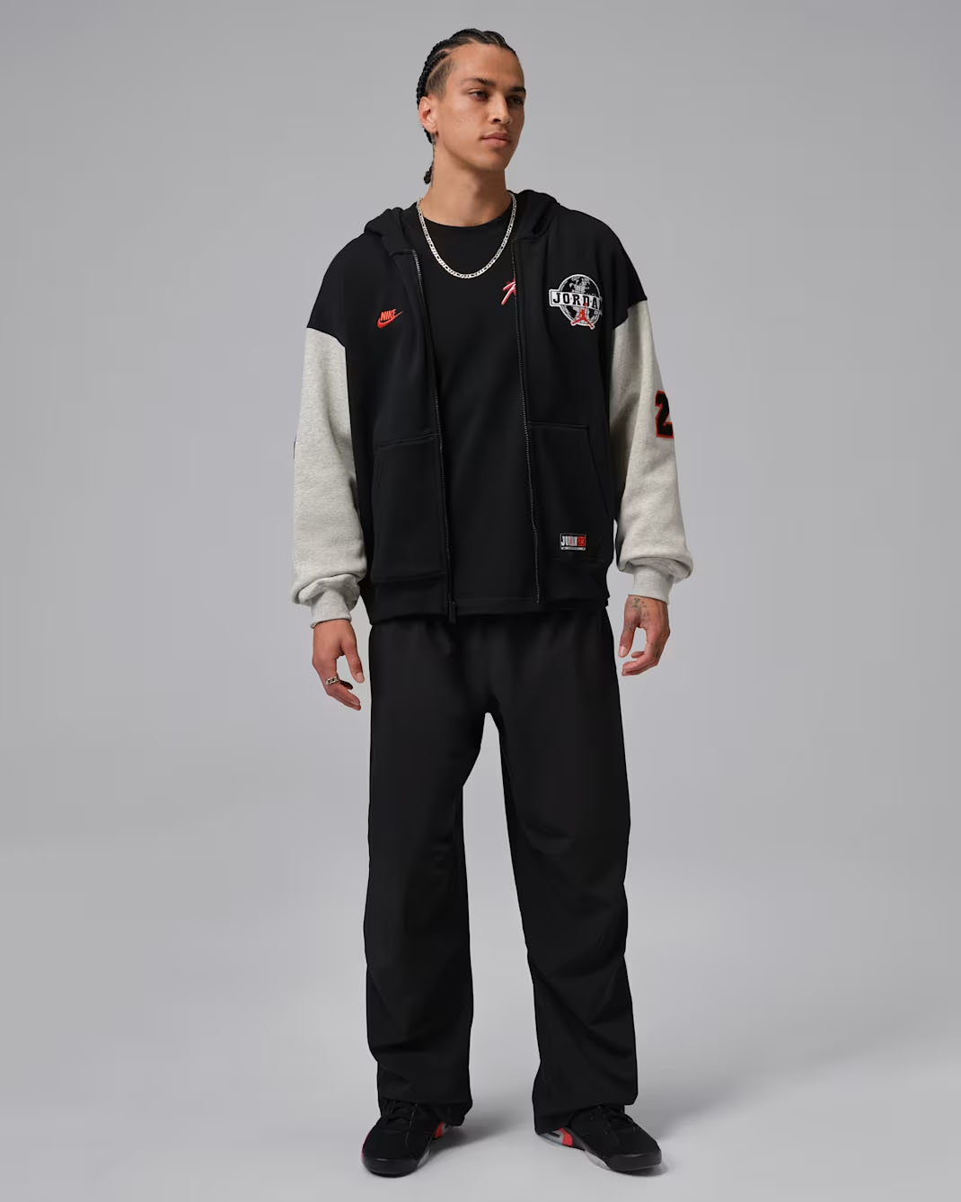 Jordan Brooklyn Mens Oversized Full Zip Hoodie Black Grey Heather Chile Red Outfit
