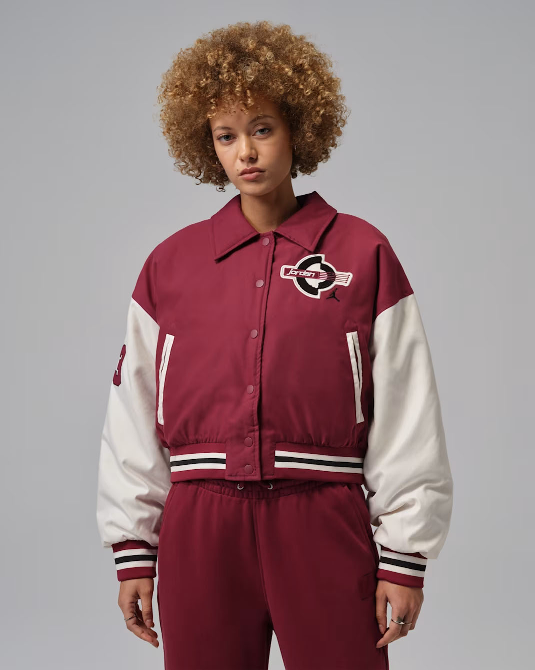 Jordan Brooklyn Women's Therma-FIT Varsity Jacket Team Red Pale Ivory