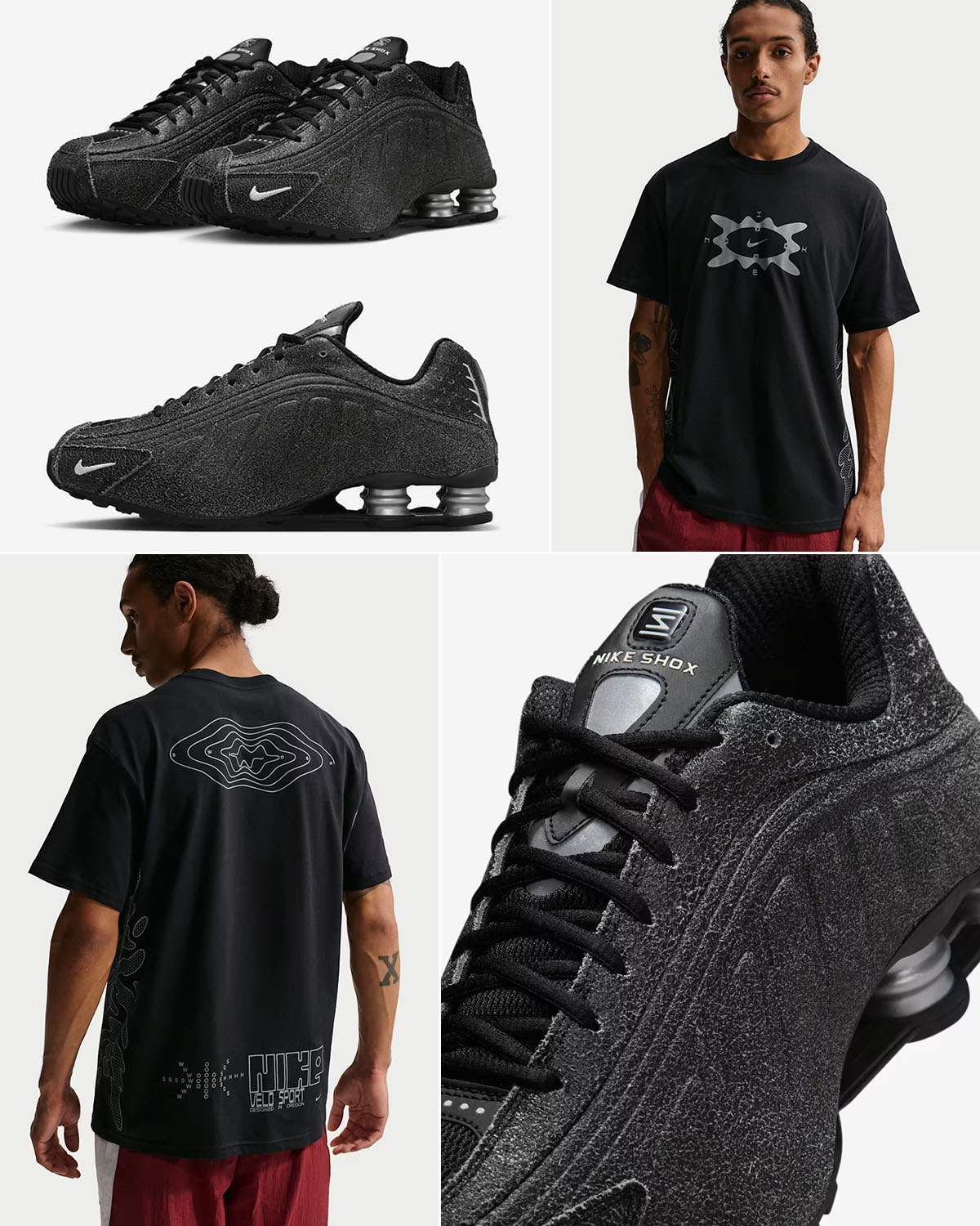 Nike Shox R4 Black Metallic Silver Sneakers and T Shirt Outfit