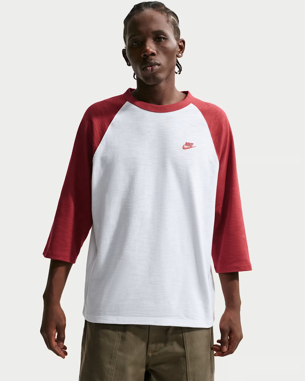 Nike Sportswear Club Mens 3:4 Sleeve Raglan Top Team Crimson White