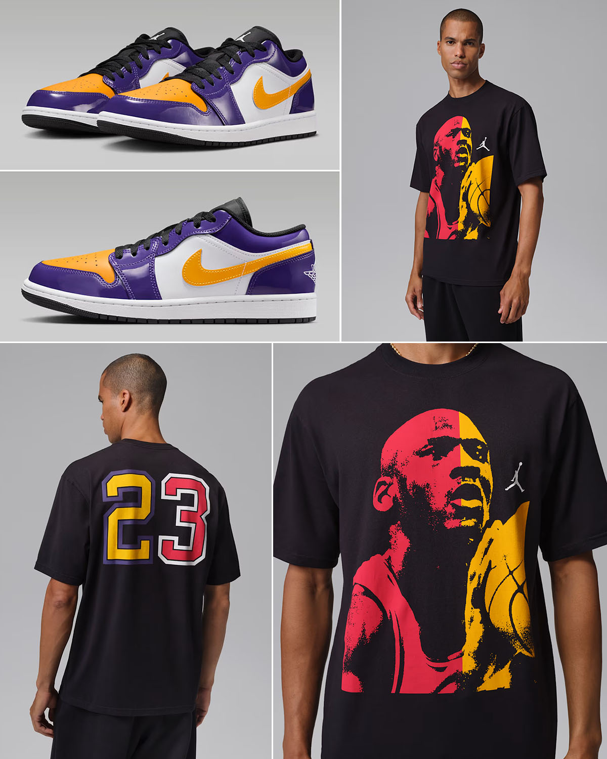 Air Jordan 1 Low SE Lakers x Jordan LA to Chicago Mens Black T Shirt Outfit