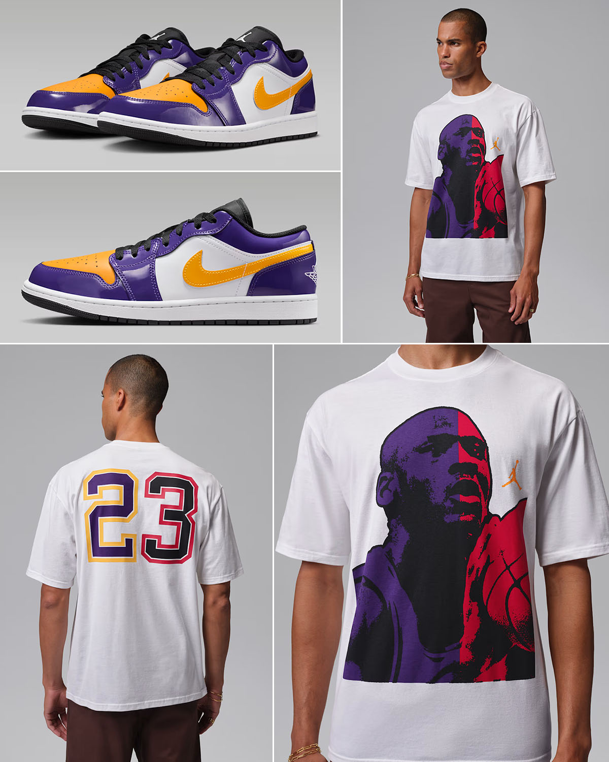 Air Jordan 1 Low SE Lakers x Jordan LA to Chicago Mens White T Shirt Outfit