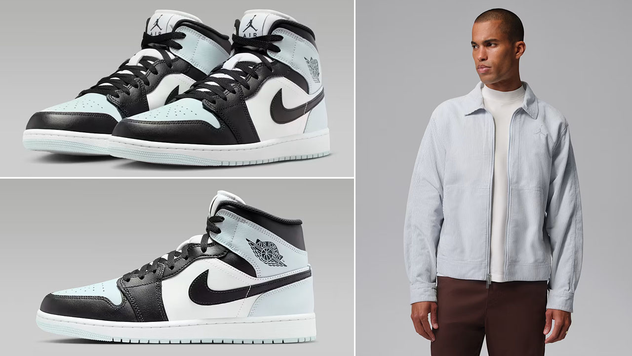 Air Jordan 1 Mid Black Aura White Squadron Blue x Jordan Flight Men's Corduroy Chore Jacket