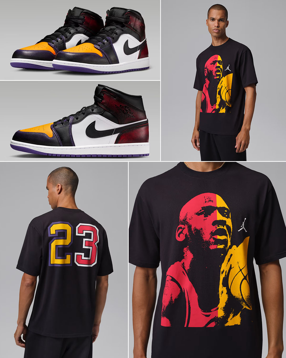 Air Jordan 1 Mid SE LA to Chicago Mens Sneakers and Black T Shirt Outfit