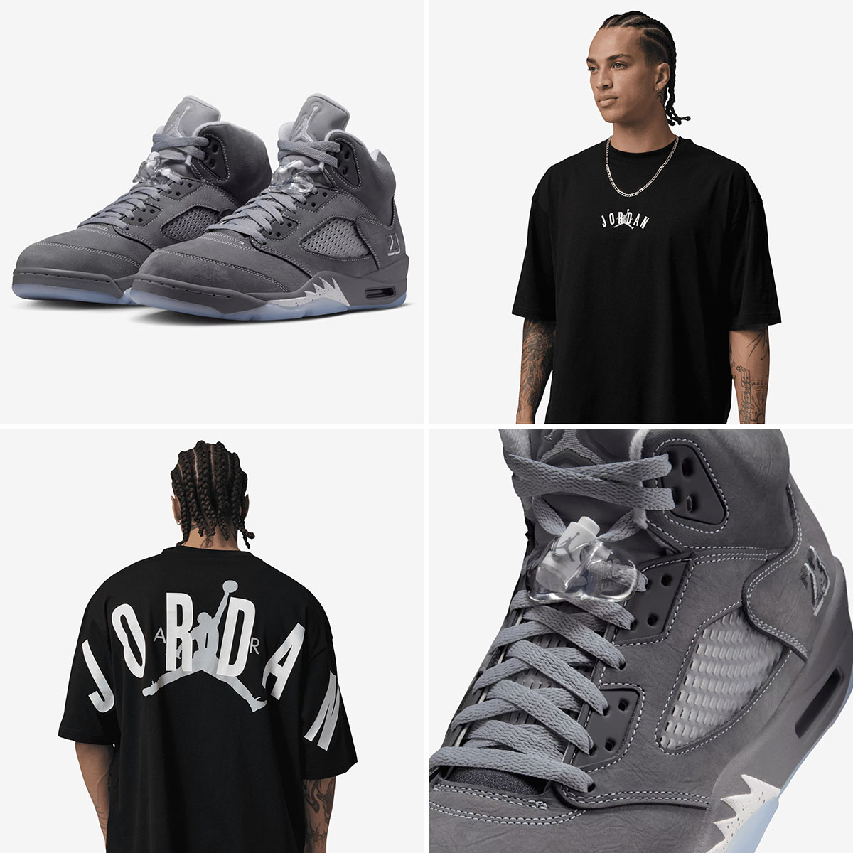 Air Jordan 5 Wolf Grey x Jordan Mens Oversized Back Stretch Logo T Shirt Black Wolf Grey
