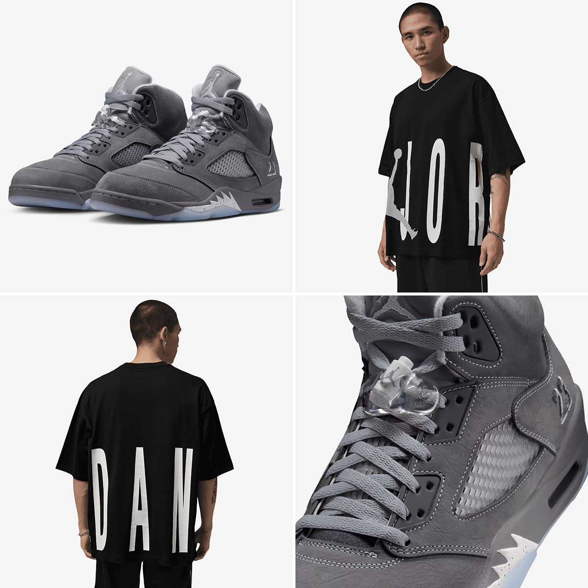 Air Jordan 5 Wolf Grey x Jordan Mens Oversized Torso Stretch Logo T Shirt Black Wolf Grey