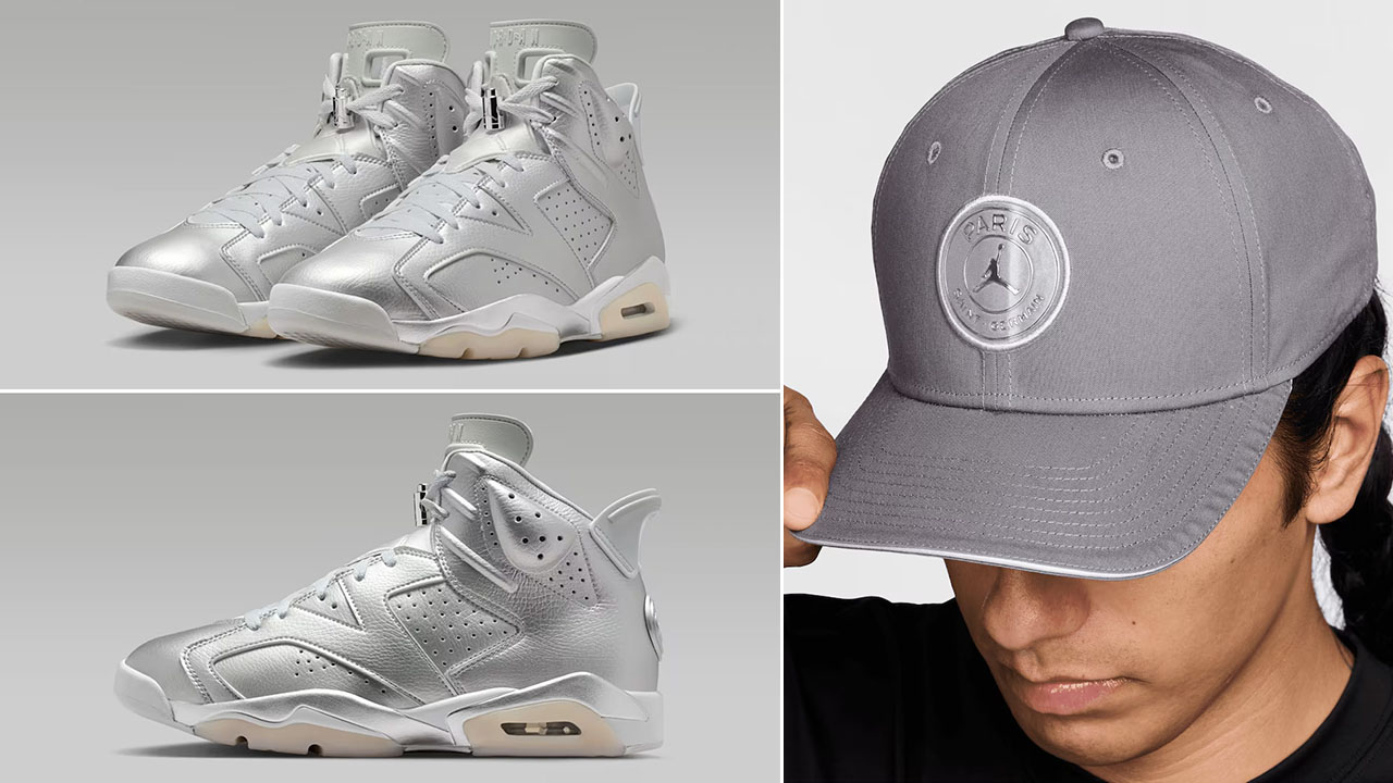 Air-Jordan-6-Paris-Saint-Germain-Metallic-Silver-x-Jordan-Paris-Saint-Germain-Rise-Snapback-Hat-Grey-Silver
