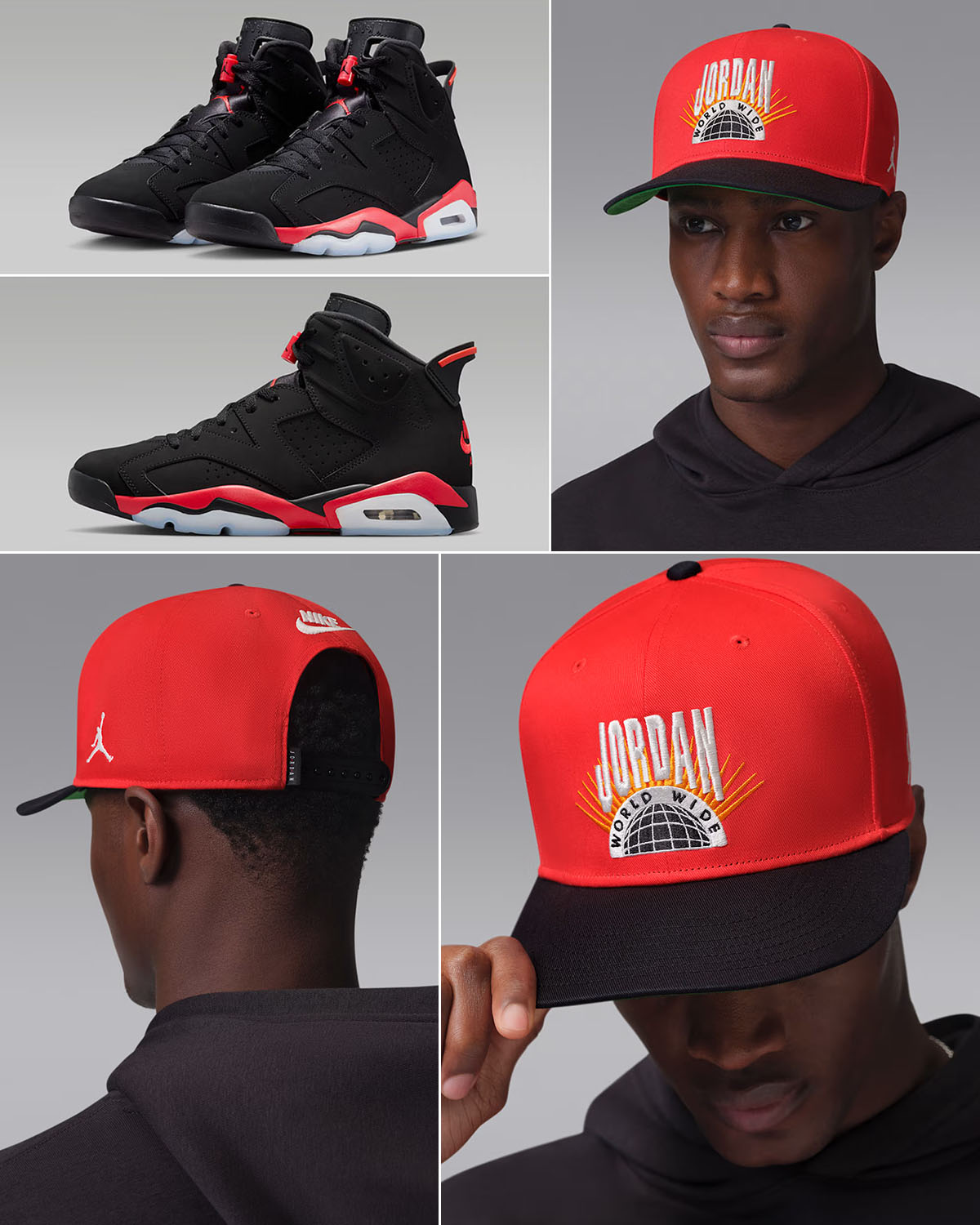 Air Jordan 6 Reverse Infrared Salesman x Jordan Essentials Pro Cap Snapback Hat Chili Red Black