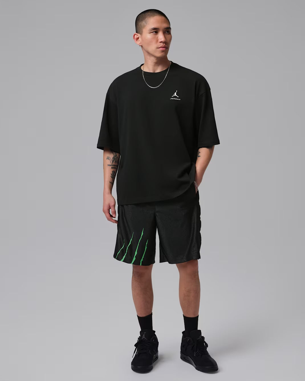 Jordan Brooklyn Cat Scratch Men's Black Cat Shorts Black Scream Green Outfit