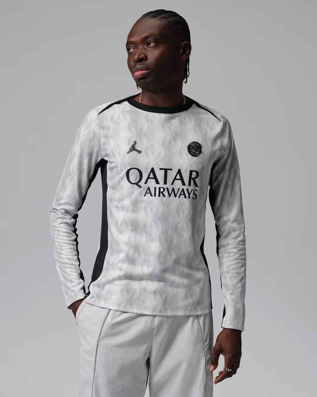 Paris Saint-Germain Academy Pro Night Edition Men's Jordan Dri-FIT Soccer Long-Sleeve Pre-Match Top Grey Black 1